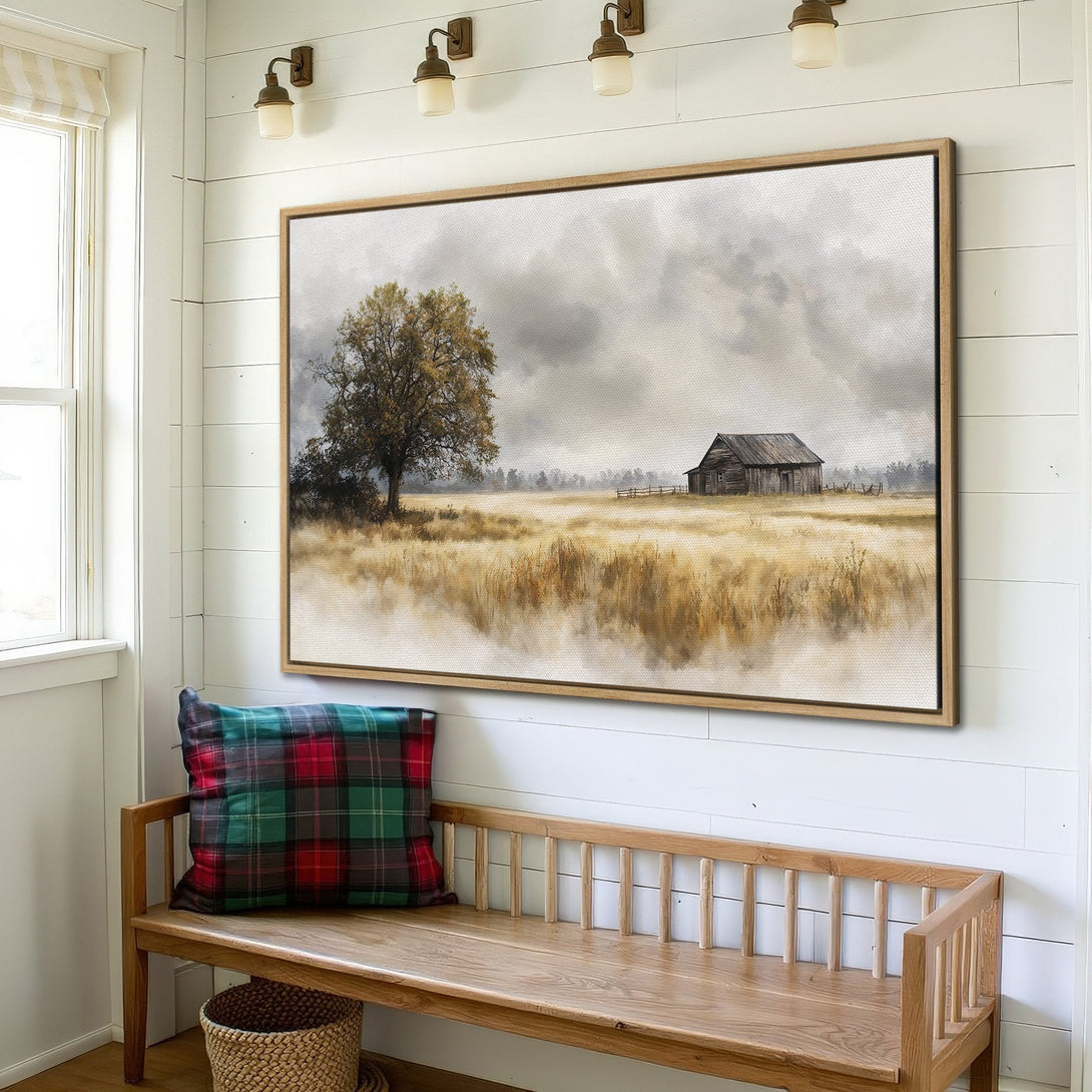 Framed Wall Art: Rustic landscape Canvas Print with a barn and tree, warm neutral color palette, perfect for farmhouse decor.