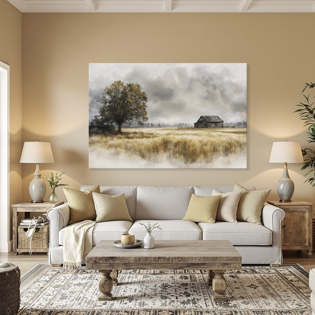 Framed Wall Art: Rustic landscape Canvas Print with barn & tree, neutral tones. Add warmth & style to your home with this beautiful artwork.