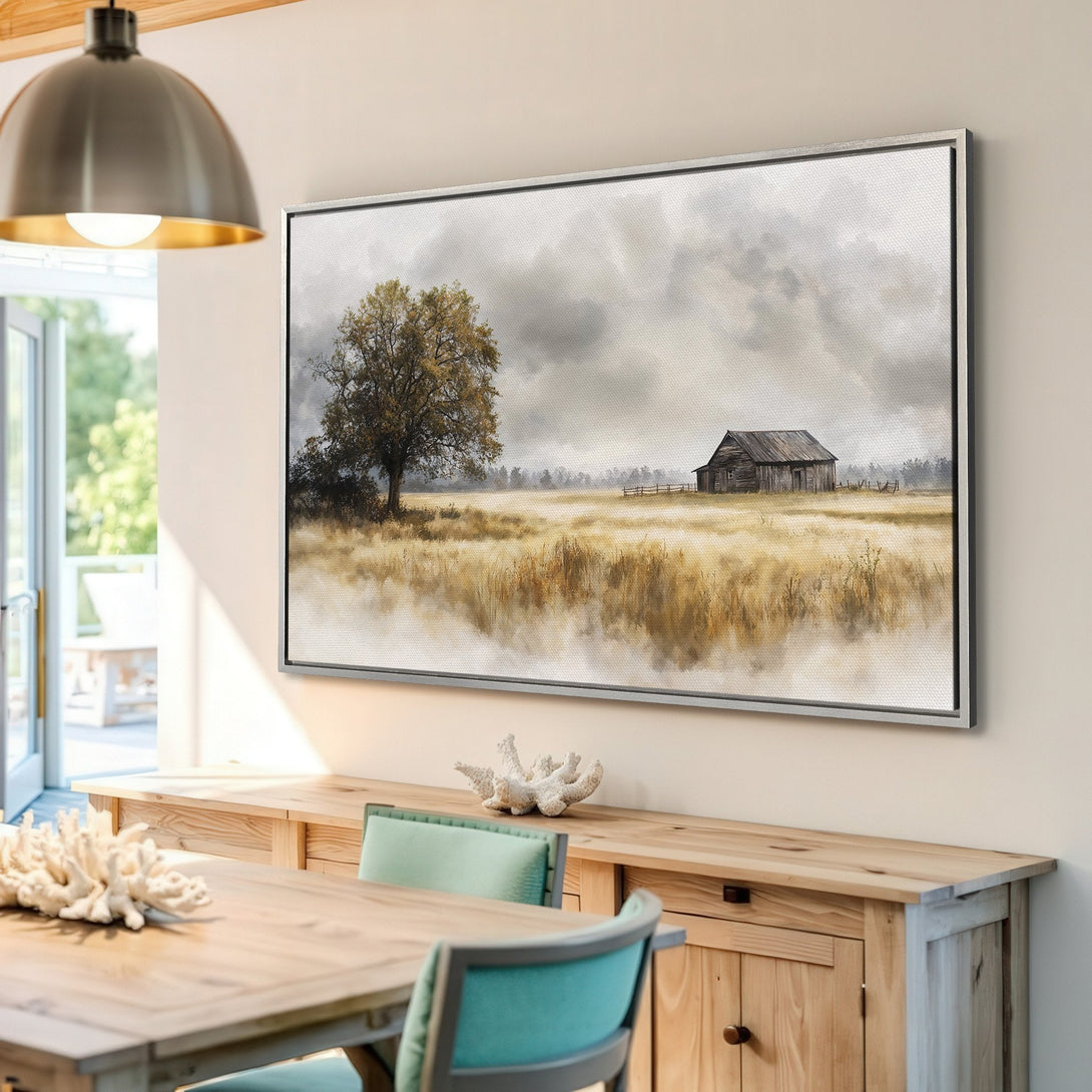 Canvas Print of a serene landscape with a barn and tree, featuring a muted color palette of gold, brown, and gray. Perfect for home decor.