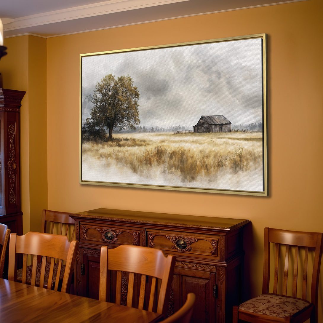 Canvas Print of a serene landscape with a barn and tree. Rustic style, warm neutral color palette. Perfect for farmhouse decor.