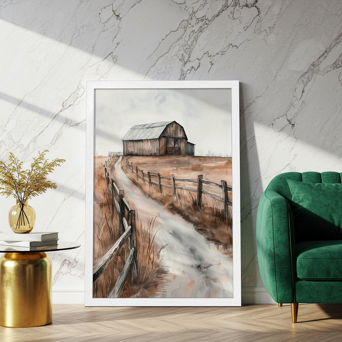 Framed Poster featuring a watercolor barn scene. Rustic style, warm brown and neutral color palette, perfect for home decor.