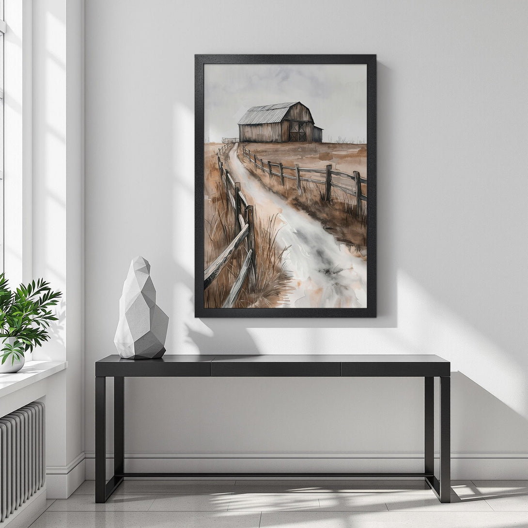 Framed Poster of a watercolor barn scene. Rustic style with a neutral, earthy color palette. Perfect wall art!