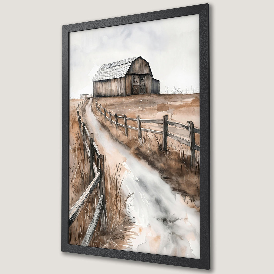 Framed Poster featuring a watercolor barn scene. Rustic style with a warm, neutral color palette of browns and grays. Perfect farmhouse decor.