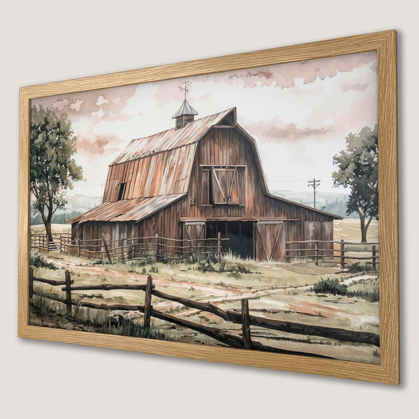 Framed Poster featuring a watercolor-style barn scene in a warm, neutral color palette, perfect for rustic decor.