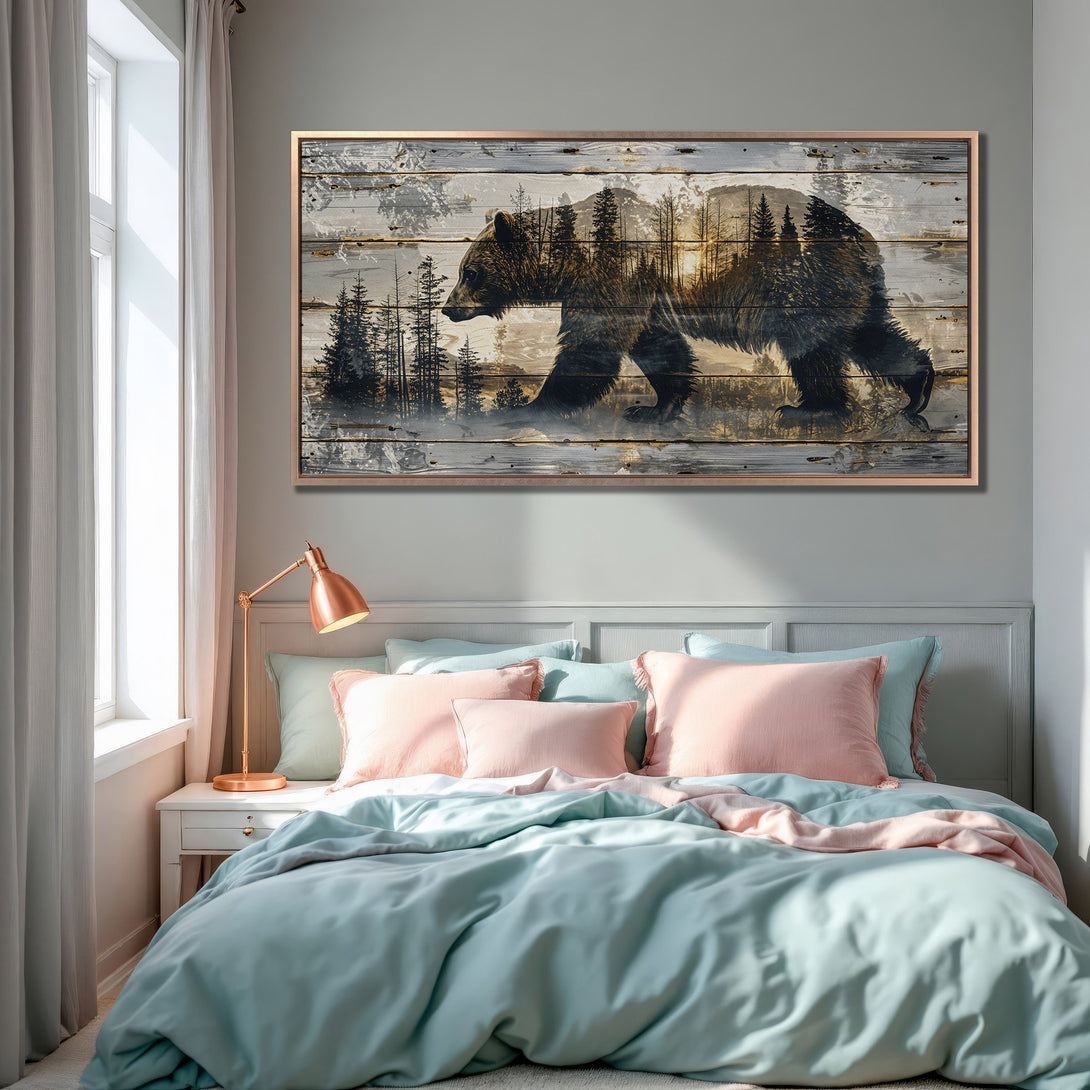 Framed Wall Art featuring a majestic bear in a forest scene. Rustic style with a neutral color palette, perfect for bedroom decor.