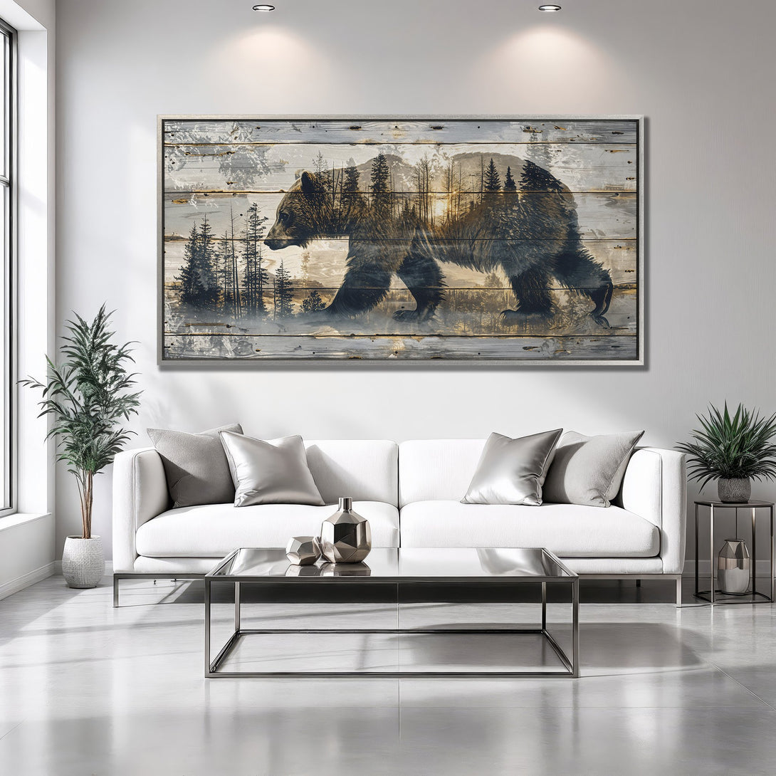 Framed Wall Art featuring a bear in a forest scene. Rustic style with a neutral, earthy color palette. Perfect for modern home decor.