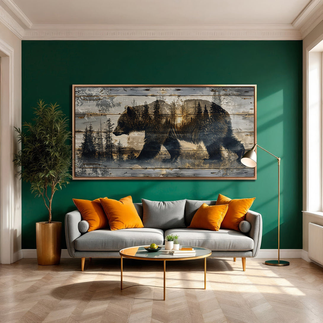Framed Wall Art: Grizzly bear canvas print in a modern living room with a green wall. Rustic style with a warm, earthy color palette.