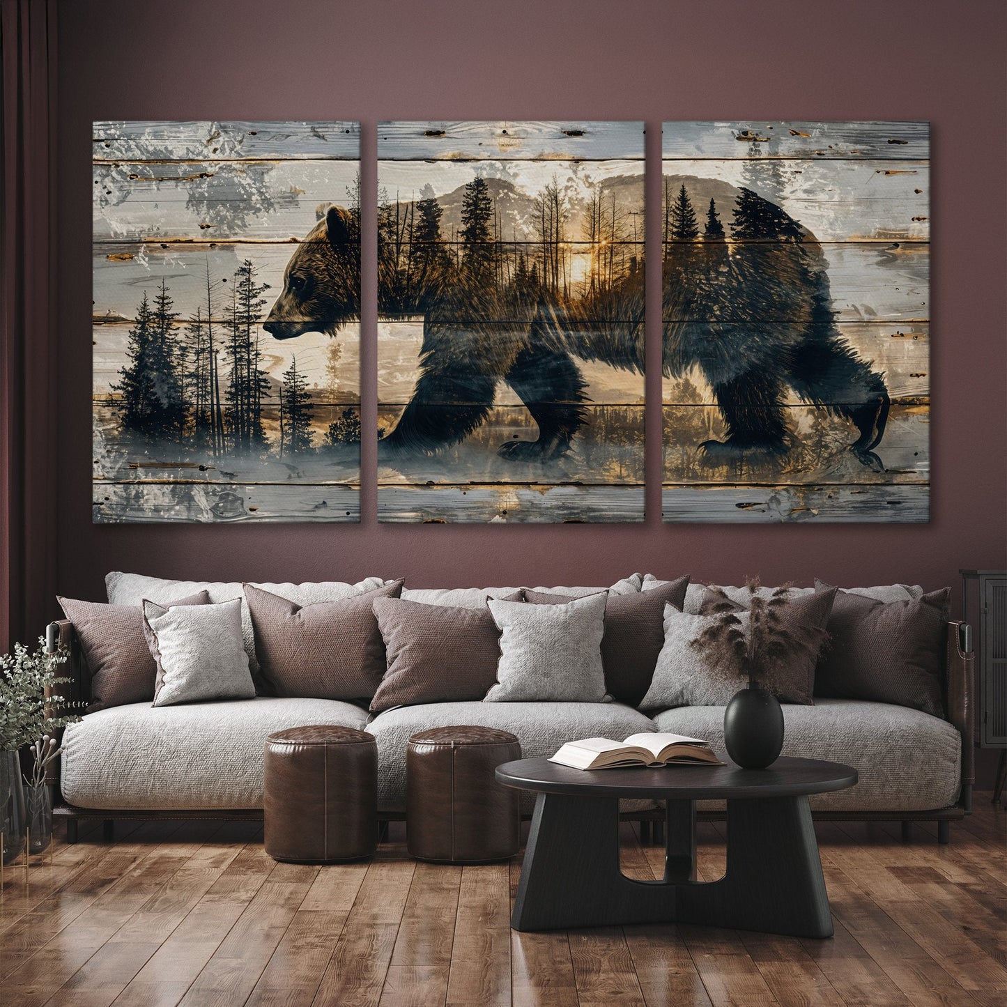 Rustic Bear Silhouette Canvas Print Abstract Forest Art