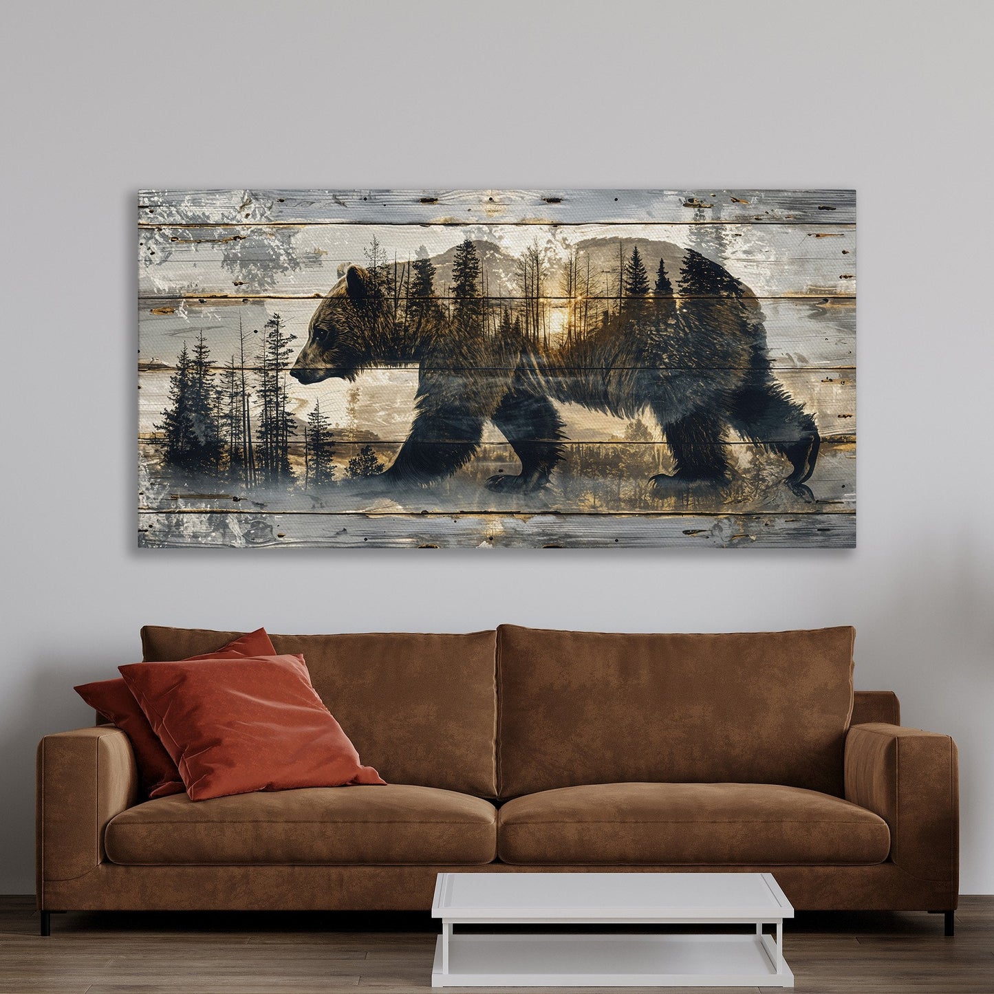 Rustic Bear Silhouette Canvas Print Abstract Forest Art