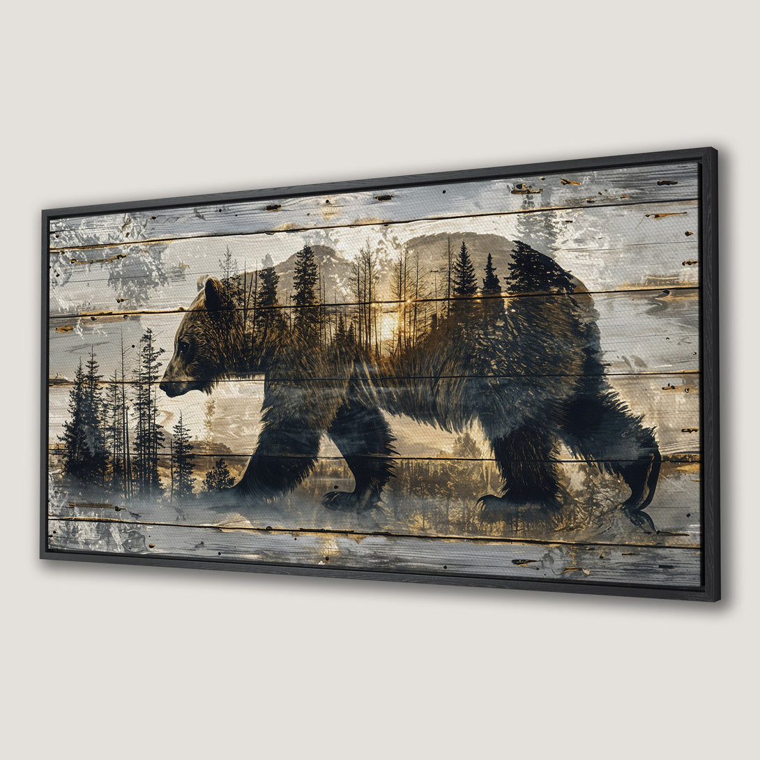 Framed Wall Art featuring a majestic bear silhouette in a rustic, wood-look style. Earthy tones and a forest scene create a stunning nature-inspired canvas print.