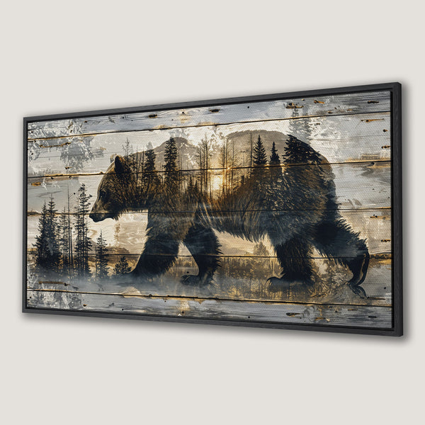 Framed Wall Art featuring a majestic bear silhouette in a rustic, wood-look style. Earthy tones and a forest scene create a stunning nature-inspired canvas print.