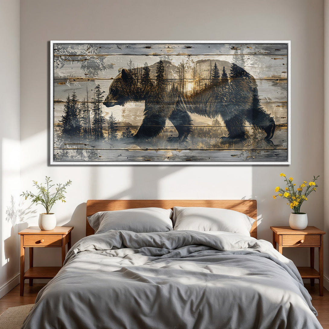 Framed Wall Art featuring a majestic bear in a forest scene. Rustic style with a muted, natural color palette. Perfect for adding a touch of nature to your home.