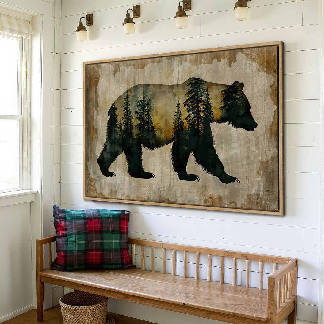 Framed Wall Art featuring a majestic bear silhouette with a forest design. Rustic style with a neutral, earthy color palette. Perfect for cabin decor.