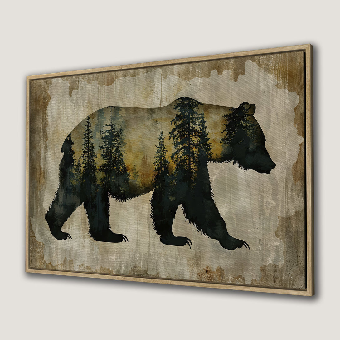 Framed Wall Art: Silhouette of a bear with a forest scene in its body. Rustic style, neutral and green tones. Perfect for cabin decor.