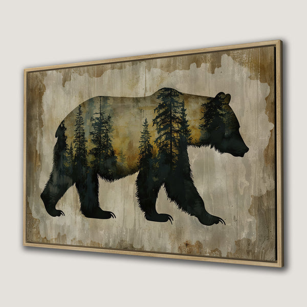 Framed Wall Art: Silhouette of a bear with a forest scene in its body. Rustic style, neutral and green tones. Perfect for cabin decor.