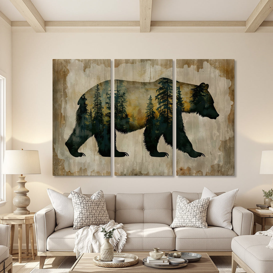 Canvas Print: Rustic bear silhouette art in a warm neutral palette. Perfect for adding a touch of nature and style to your living room.