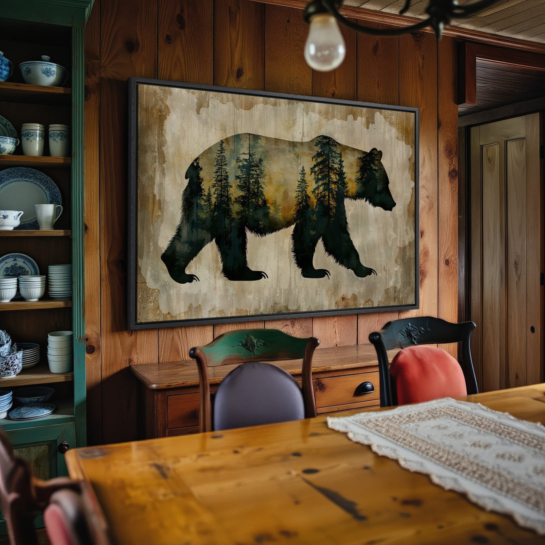 Framed Wall Art: Rustic bear silhouette canvas print in a warm, earthy color palette. Perfect for cabin decor and nature lovers.