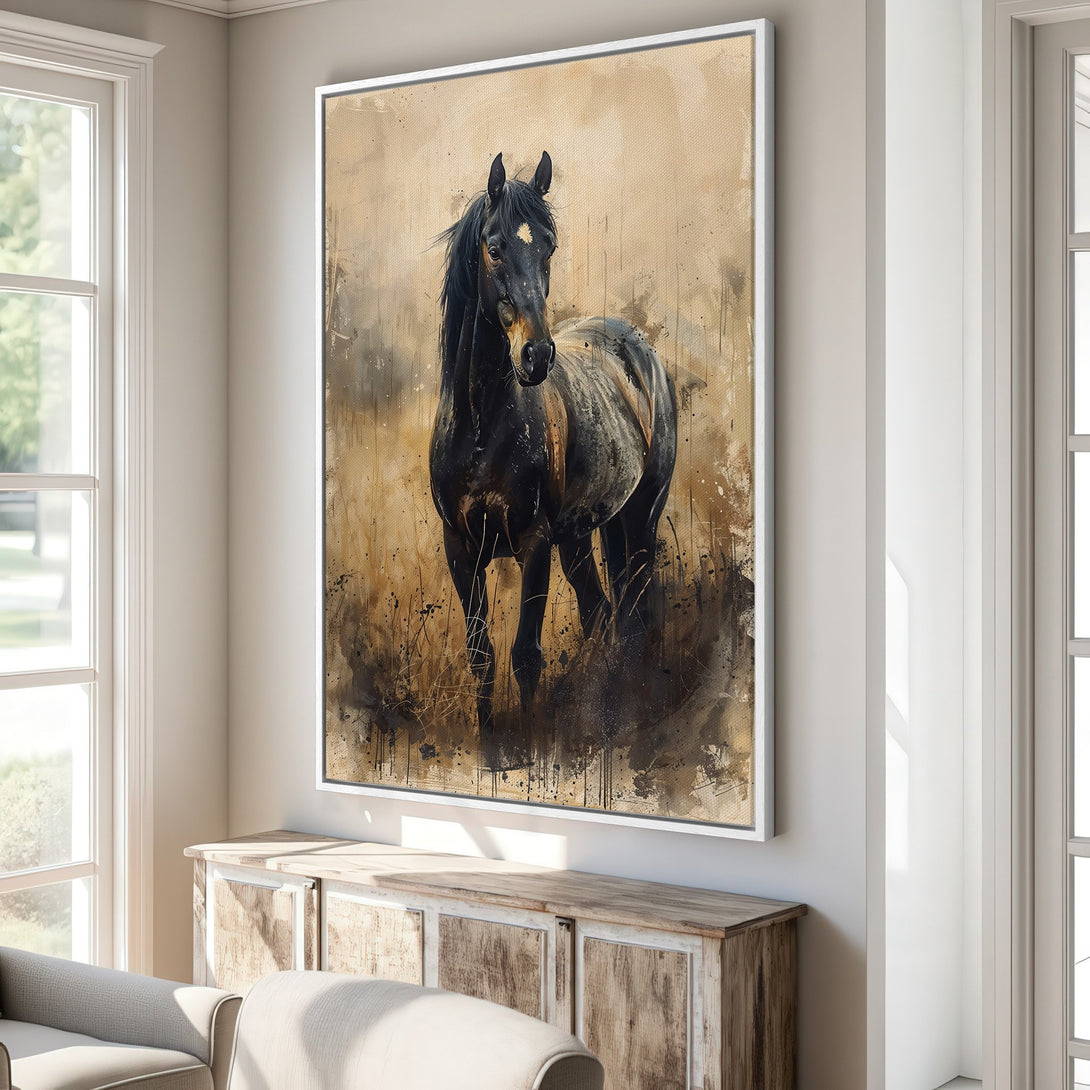 Framed Wall Art: Stunning abstract horse painting in neutral tones. Add a touch of elegance with this canvas print, perfect for any interior decor.