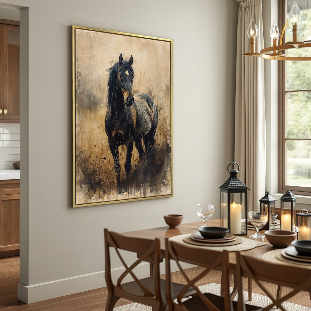 Canvas Print of a majestic black horse in a watercolor style, displayed in a warm, neutral-toned interior. Earthy color palette.