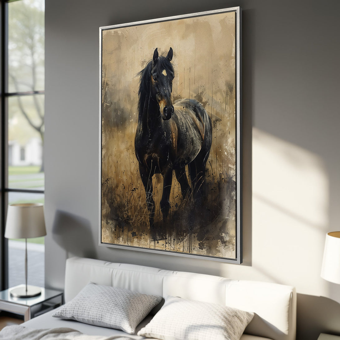 Framed Wall Art: Majestic black horse canvas print in an abstract style with a warm, earthy color palette. Perfect for adding a touch of elegance to any room.