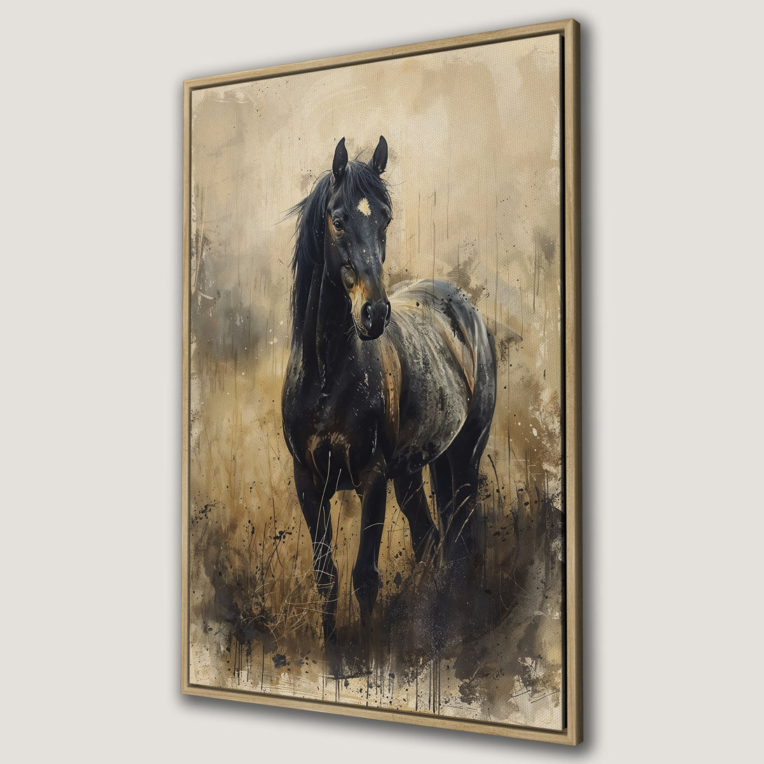 Framed Wall Art of a majestic black horse in an abstract watercolor style. Earth-toned palette creates a rustic, elegant aesthetic. Perfect for home decor.