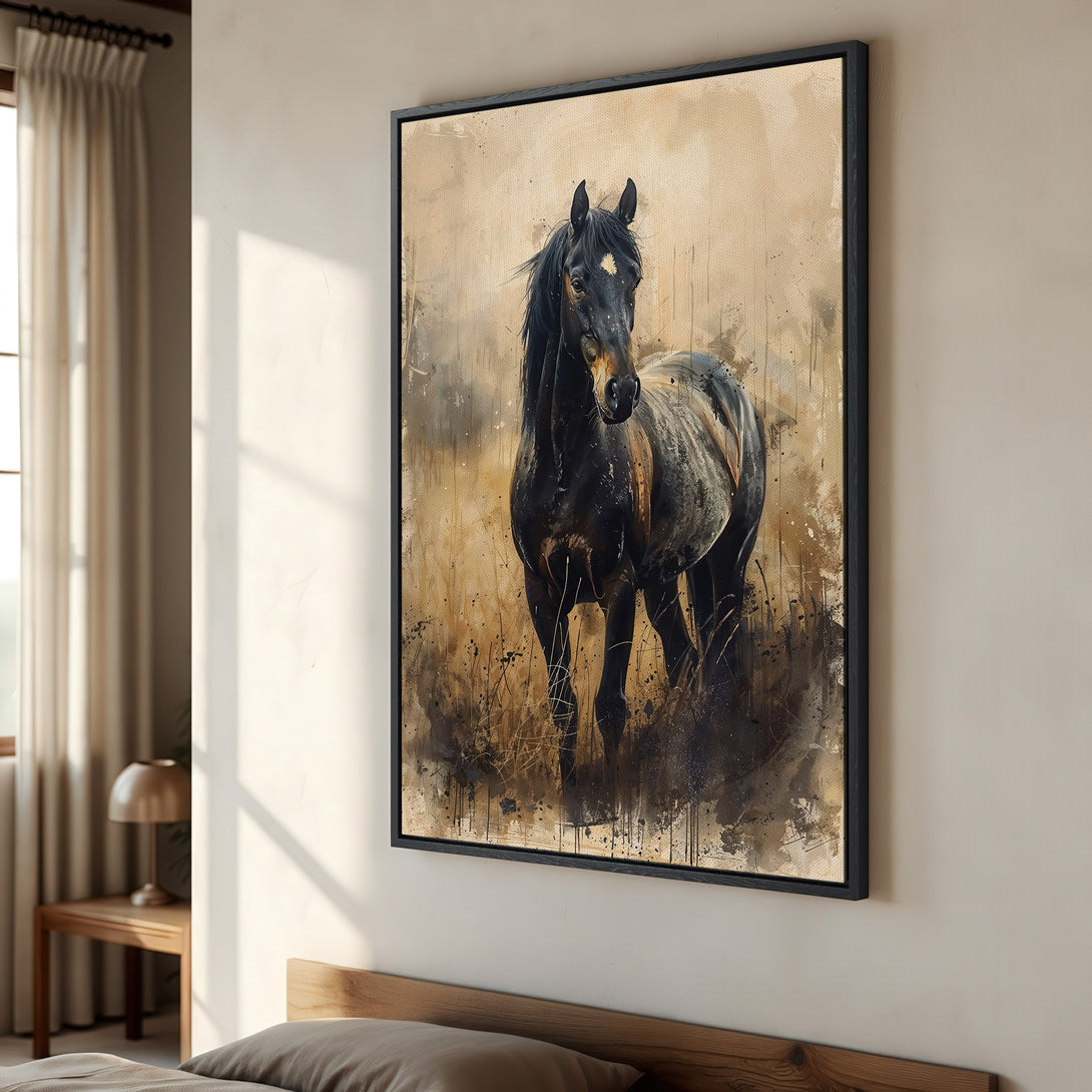 Framed Wall Art of a majestic black horse in a watercolor style, warm neutral tones. Perfect for adding rustic elegance to your home decor.