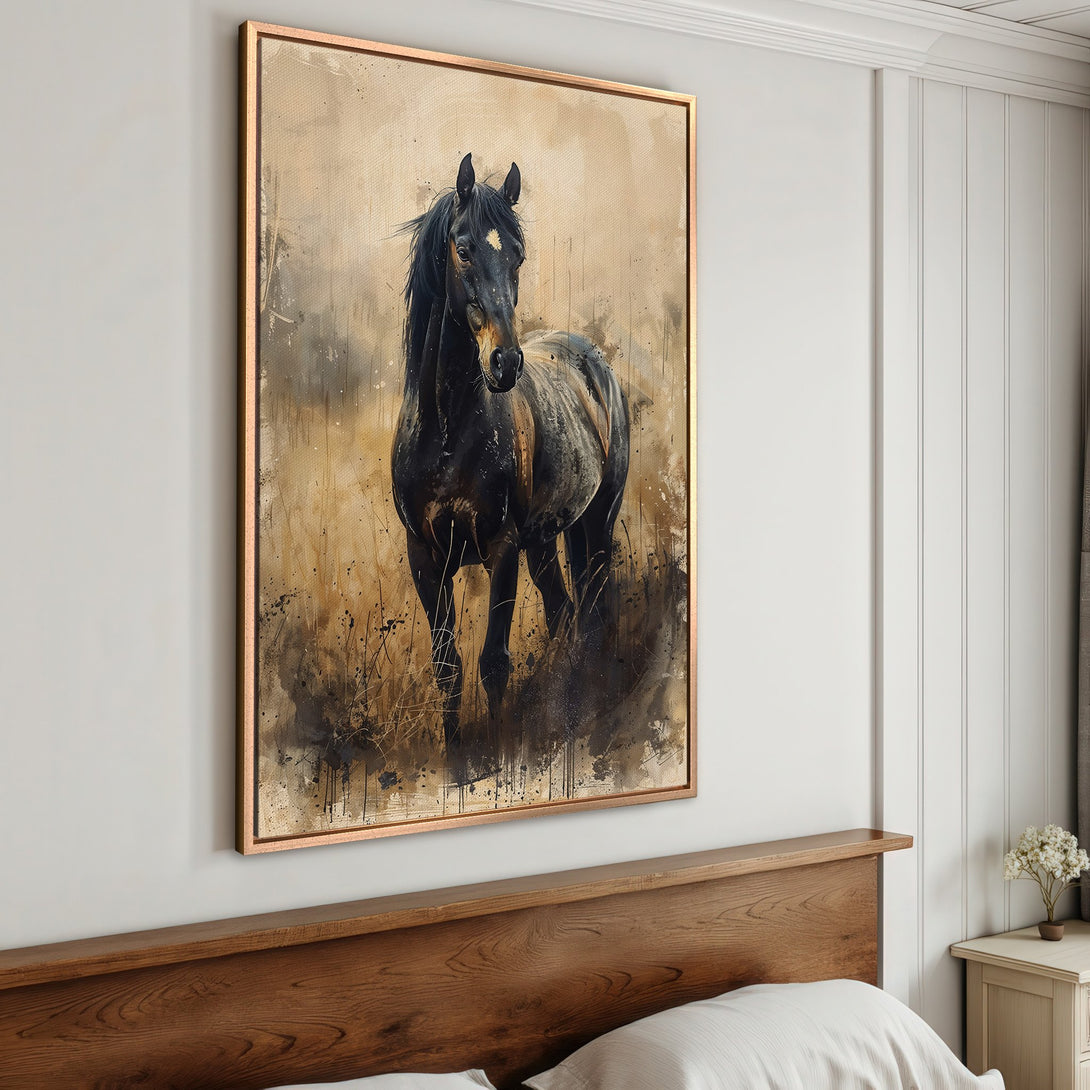 Framed Wall Art: Stunning watercolor-style Canvas Print of a black horse. Earthy tones and a touch of elegance add warmth to any room. Shop now!