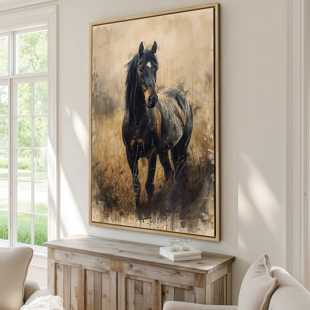 Framed Wall Art featuring a majestic black horse in a watercolor style, warm neutral color palette. Perfect for adding a touch of elegance to your home decor.