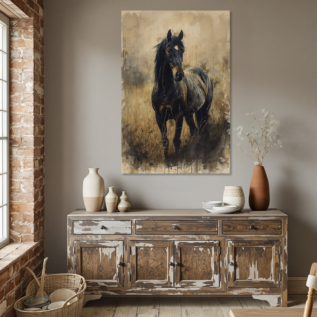 Framed Wall Art: Majestic black horse painting in a dining room. Neutral color palette with gold frame. Perfect for rustic or farmhouse decor.