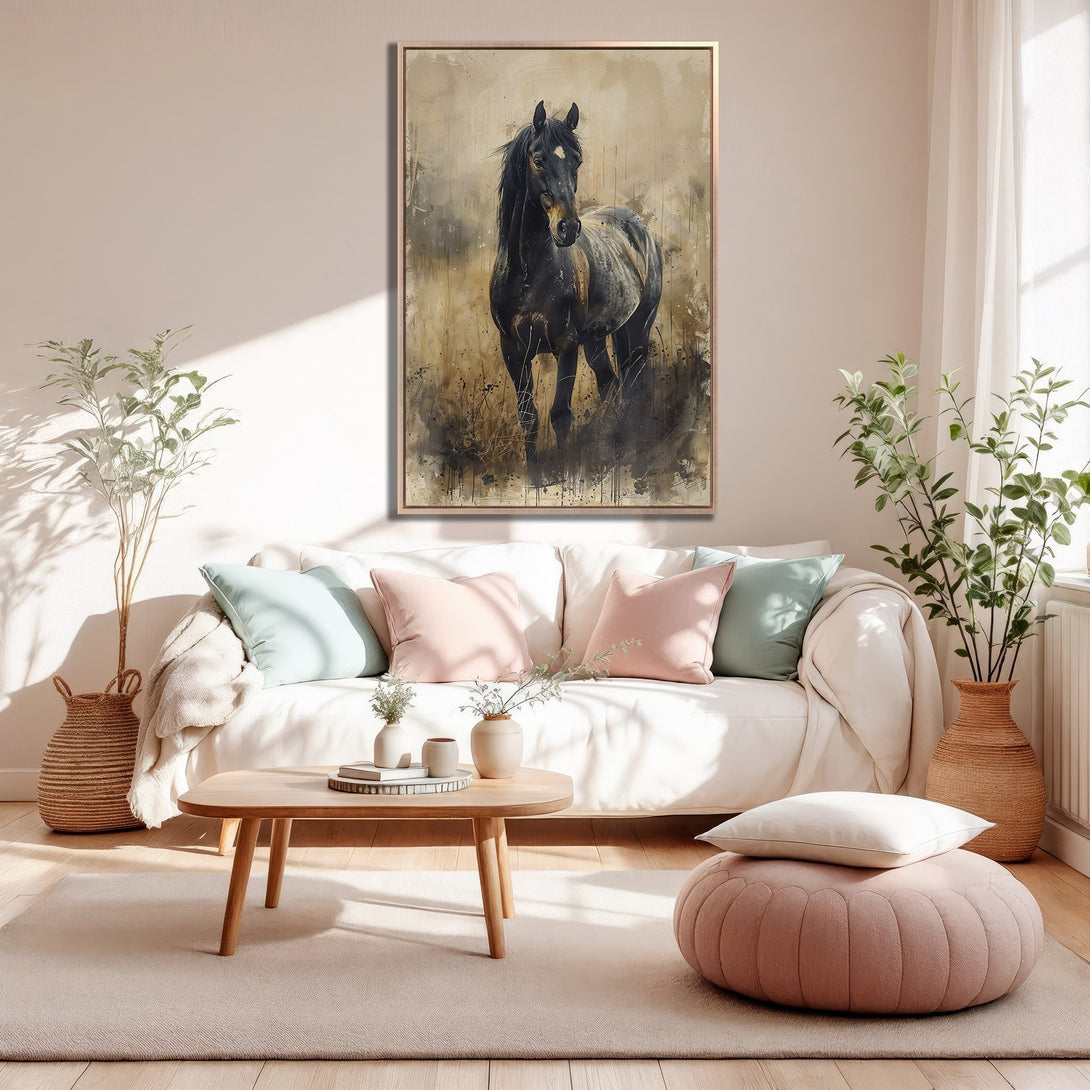 Framed Wall Art featuring a majestic black horse in a watercolor style. Earthy tones and neutral palette create a calming, elegant interior.