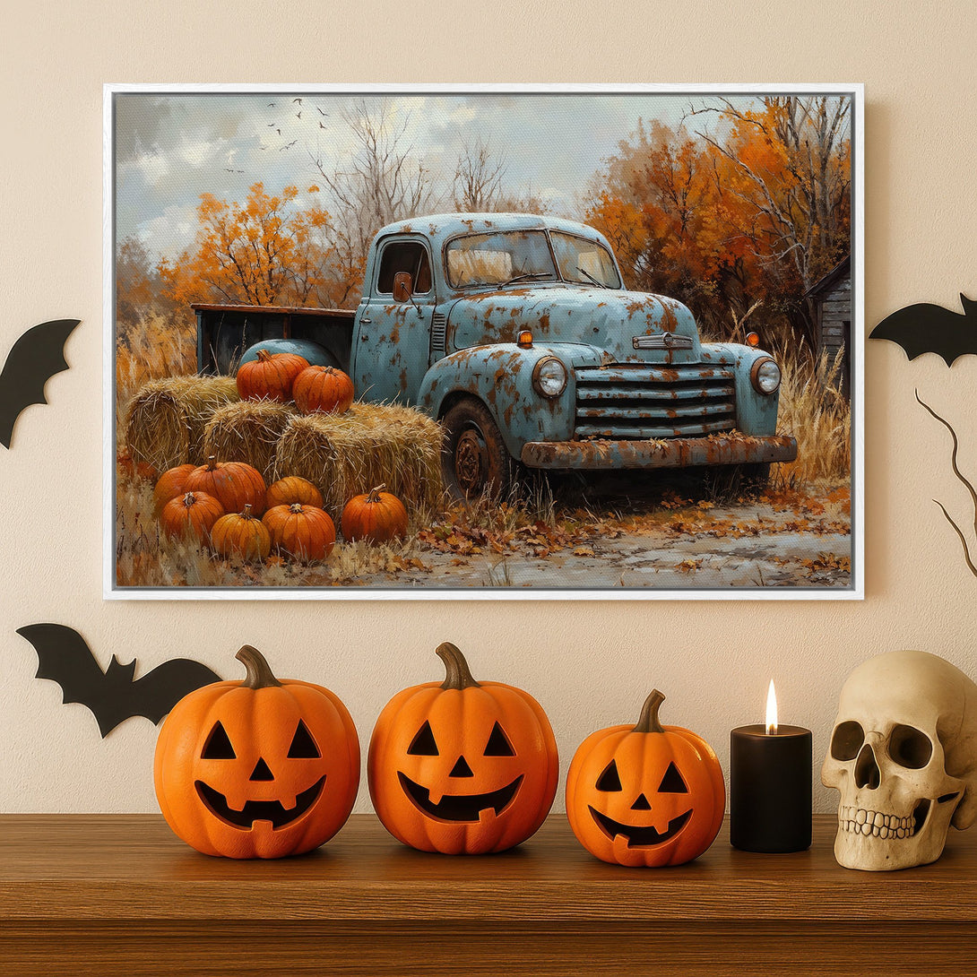 Framed Wall Art: Rustic truck with pumpkins in autumn hues. Perfect fall decor for your home! Canvas Print featuring a vintage truck and fall colors.