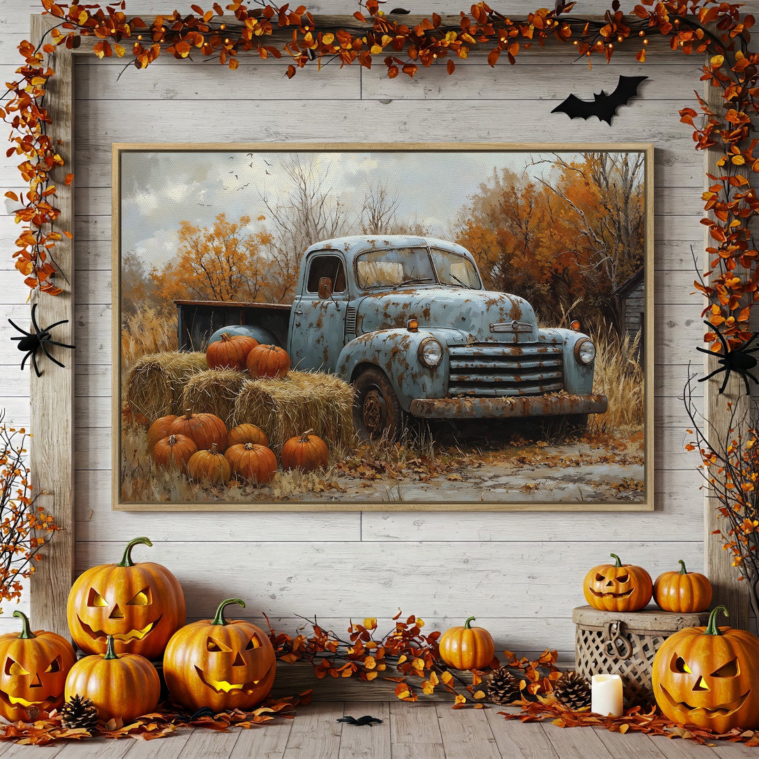 Framed Wall Art: Rustic truck in autumn landscape, warm orange and blue tones, perfect for fall decor. Canvas print for Halloween.
