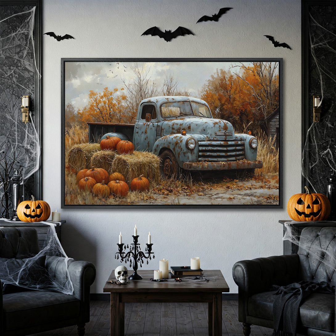 Framed Wall Art: Rustic truck & pumpkins in fall colors. Perfect Halloween decor! Canvas Print with a vintage vibe.