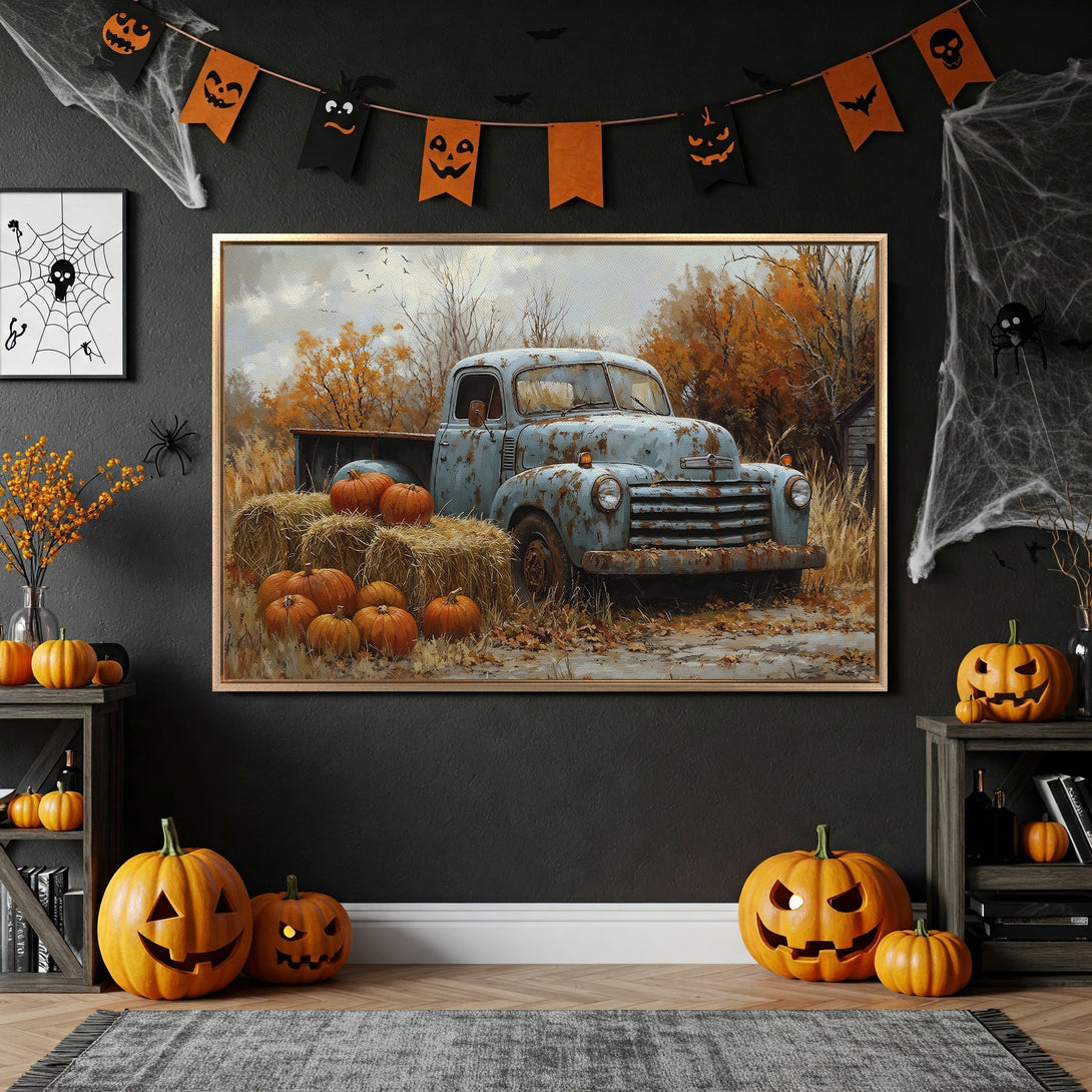 Framed Wall Art: Rustic blue truck & pumpkins in autumn landscape. Warm orange & brown tones, perfect fall decor. Add cozy vibes to your home!