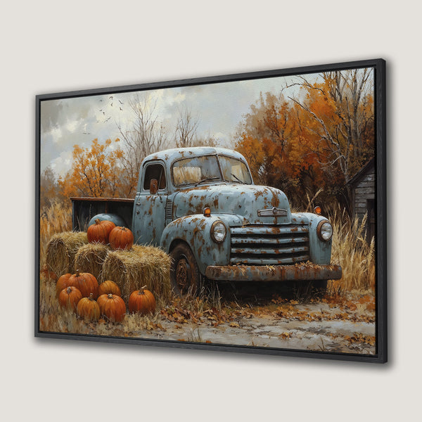 Framed Wall Art: Rustic vintage truck with pumpkins in a fall landscape. Warm orange and blue color palette, perfect for autumn decor.