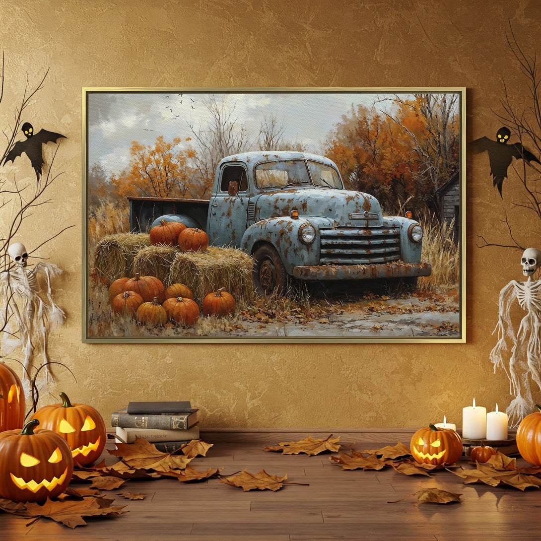 Canvas Print of vintage truck in autumn landscape, warm orange & blue color palette, perfect for fall decor & Halloween.