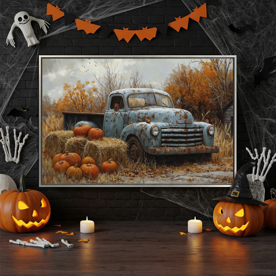 Framed Wall Art: Vintage truck in autumn scene. Rustic style with warm orange and blue tones. Perfect fall decor for your home.