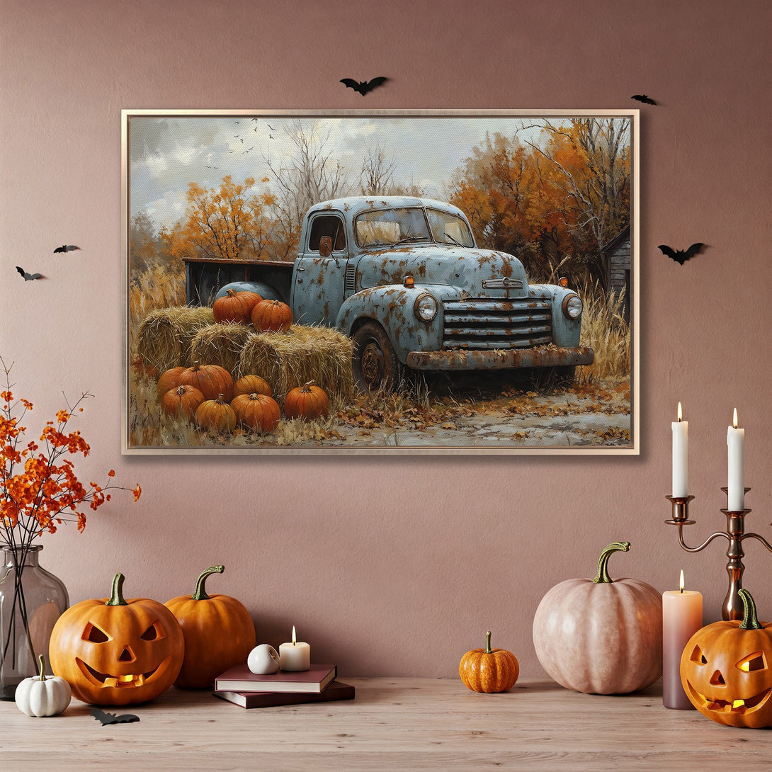 Framed Wall Art: Rustic truck with pumpkins in autumn colors. Perfect fall decor for your home! Shop canvas prints today.