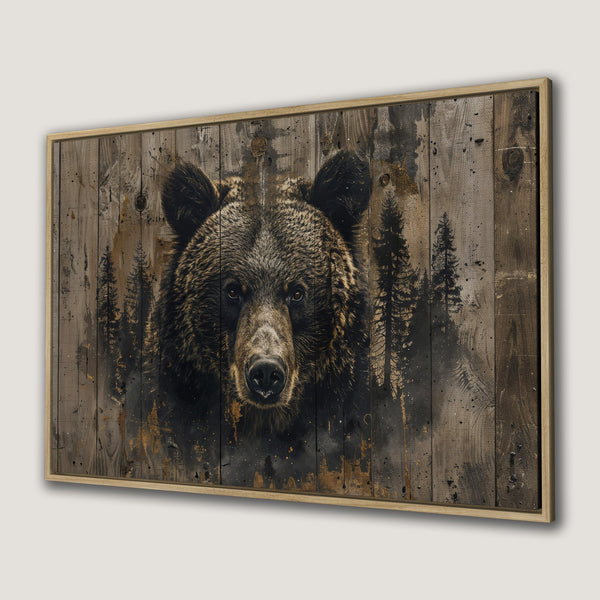 Framed Wall Art: Grizzly bear portrait on rustic wood. Earthy tones and forest scene. Perfect for cabin decor. Shop Canvas Prints today!