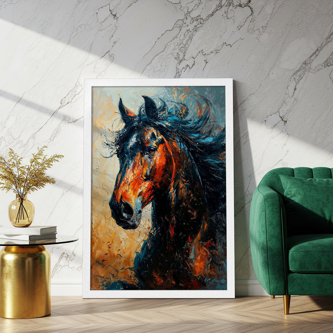 Framed Poster of a majestic horse, abstract style, featuring a vibrant palette of orange, blue, and black. Perfect wall art!