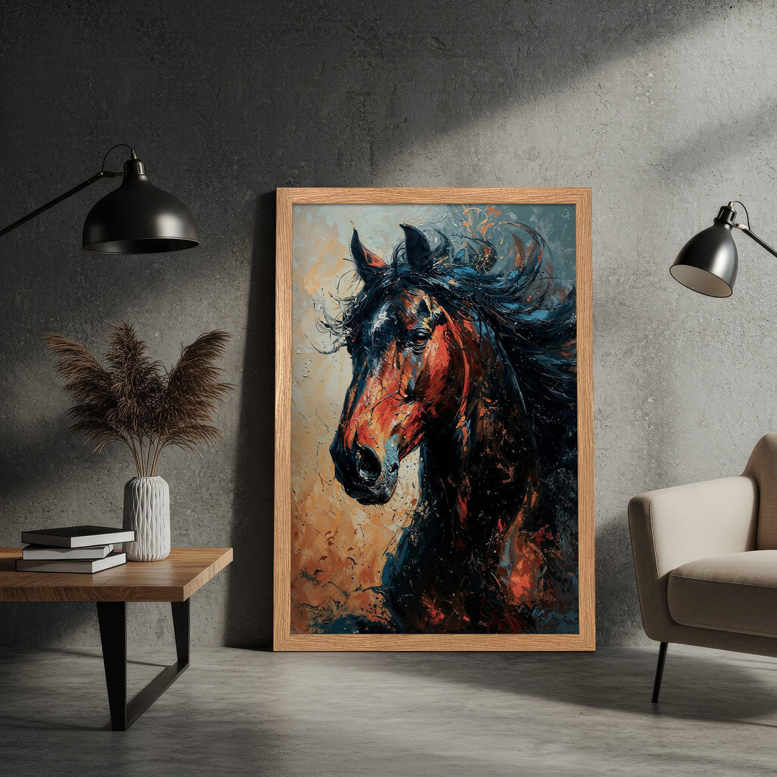 Framed Poster featuring a striking horse portrait in an expressive, modern style with a warm, earthy color palette. Perfect wall art.