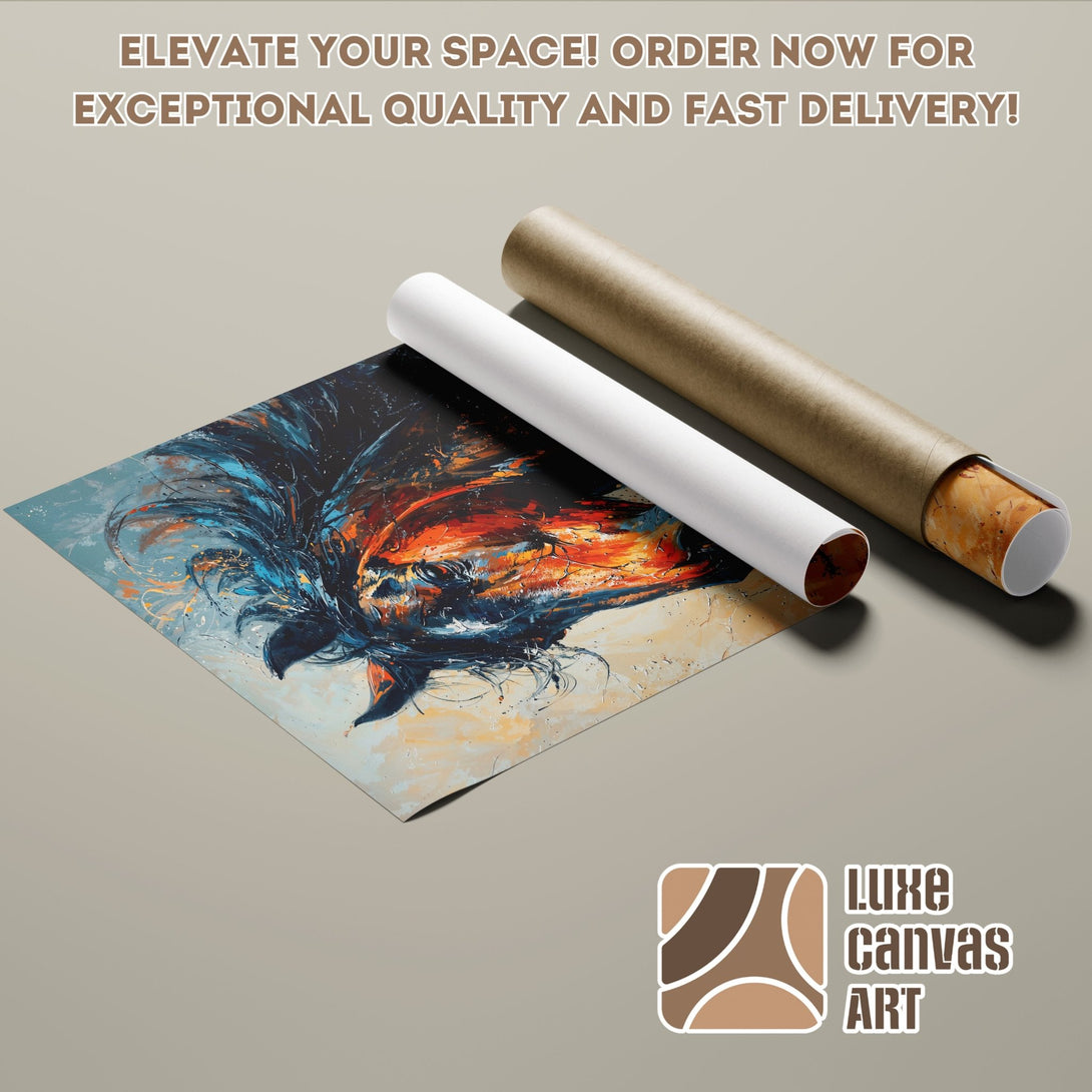 Abstract art Poster Roll featuring a horse in blue, orange, and black, perfect for home decor.