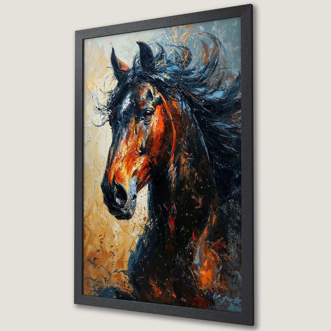 Framed Poster: Abstract horse art print in orange, black, and blue. Add a touch of elegance to your space with this stunning poster.