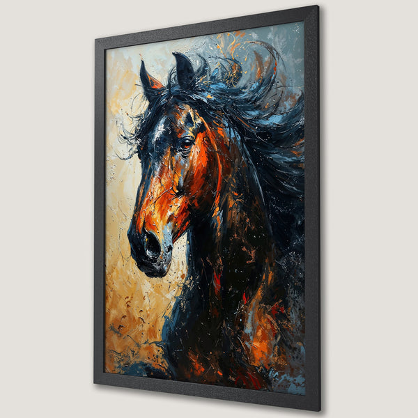 Framed Poster: Abstract horse art print in orange, black, and blue. Add a touch of elegance to your space with this stunning poster.