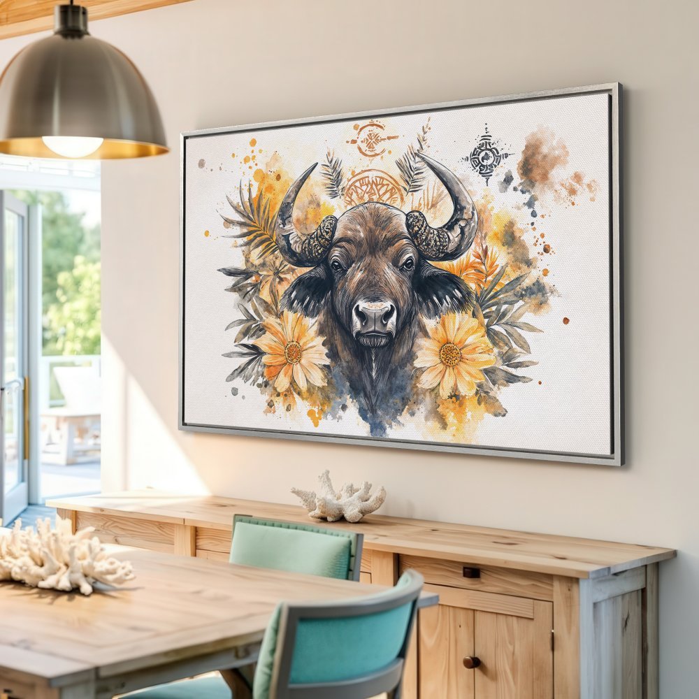 Framed Wall Art: Watercolor buffalo print in warm yellow and brown tones. Perfect for rustic or boho decor. Elevate your space today!