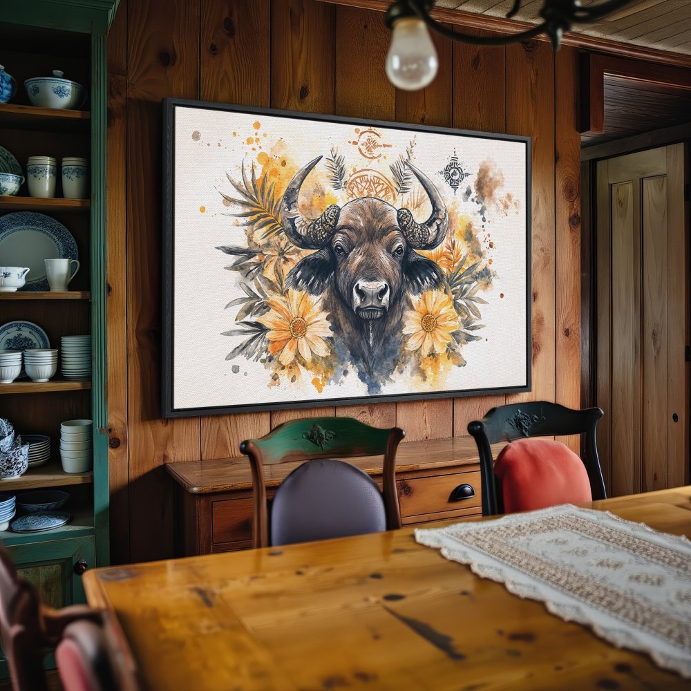 Framed Wall Art: Watercolor buffalo print with floral accents in warm yellow and brown tones, perfect for rustic home decor.
