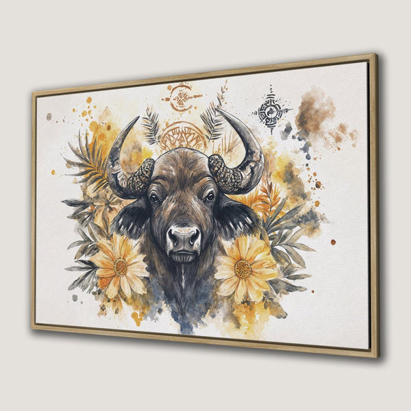 Canvas Print of a buffalo with floral accents in watercolor style. Earthy tones of brown, yellow, and gray. Perfect for adding a touch of nature.