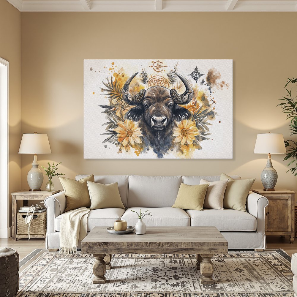 Framed Wall Art: Watercolor buffalo print with floral accents in warm yellow and brown tones. Perfect for adding rustic charm to your home.