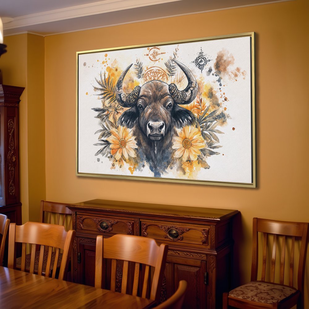 Watercolor Canvas Print featuring a bull with floral accents, warm yellow and brown tones, perfect for living room decor.