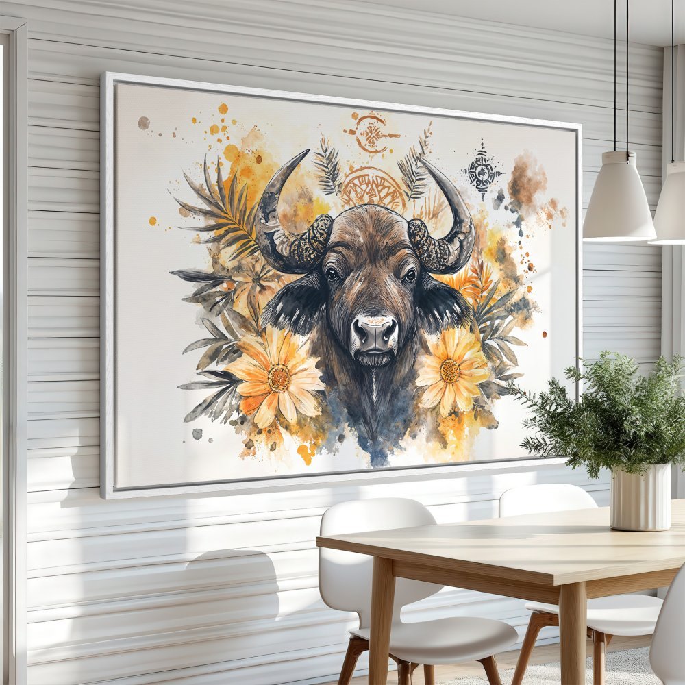 Framed Wall Art: Watercolor buffalo print with floral accents in warm yellow and brown tones. Perfect for adding a touch of nature to your home decor.